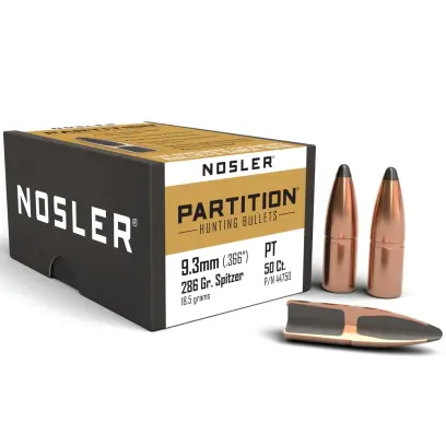 Střely Nosler Partition 9,3mm, dia .366, 286grs Střela Nosler Partition 9,3mm, dia .366, 286grs (18,5g). SKU: 44750