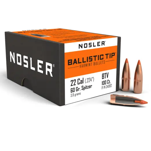 Střela Nosler Ballistic Tip Varmint .22 cal, dia .224, 60grs (3,8g). SKU: 34992.
Tyto střely jsou vybaveny krimpovací drážkou.