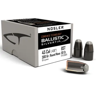 Bullets Nosler Ballistic Silvertip .45-70 Govt, dia .458, 300grs Proiettile Nosler Ballistic Silvertip .45-70 Gov't, diametro .458, 300grs (19,4g). SKU: 51834. I proiettili sono dotati di cannelure.
