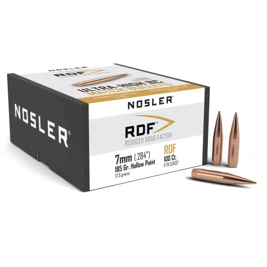 Pociski o wyjątkowo niskim oporze lotu Nosler Reduced Drag Factor (RDF) 7mm, dia .284, 185grs (11,9g). SKU: 53432