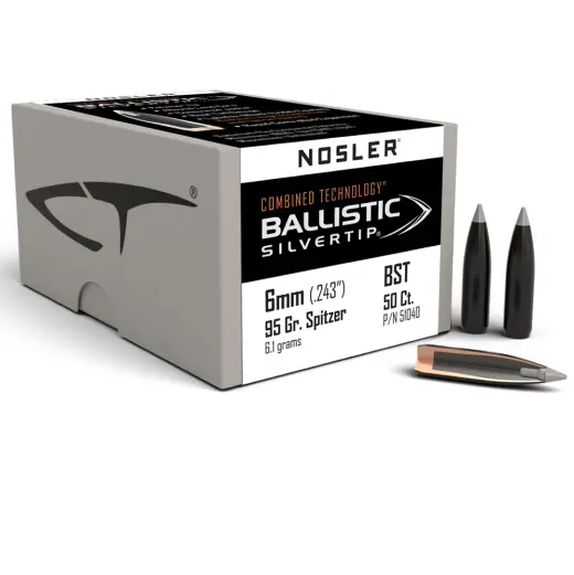 Střela Nosler Ballistic Silvertip 6mm, dia .243, 95grs (6,1g). SKU: 51040