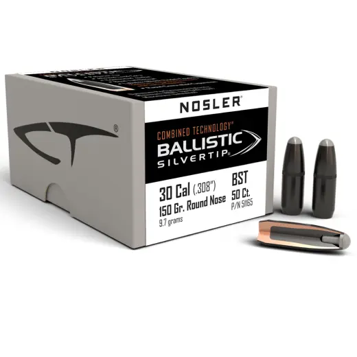 Střela Nosler Ballistic Silvertip .30-30 cal, dia .308, 150grs (9,7g). SKU: 51165.
Tyto střely jsou vybaveny krimpovací drážkou.