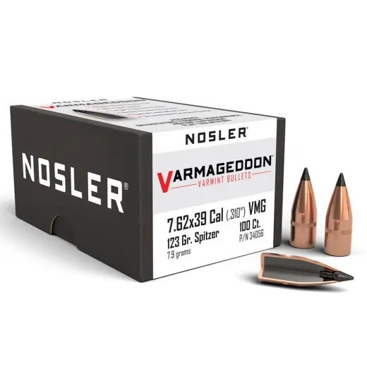 Bullets Nosler Varmageddon 7,62mm, dia .310, 123grs Töltény Nosler Varmageddon FB Tipped 7,62x39R, átmérő .310, 123grs (8g). SKU: 34056