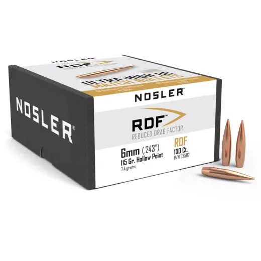 Bullet Nosler Reduced Drag Factor (RDF) 6mm, dia .243, 115grs (7,4g). SKU: 53507